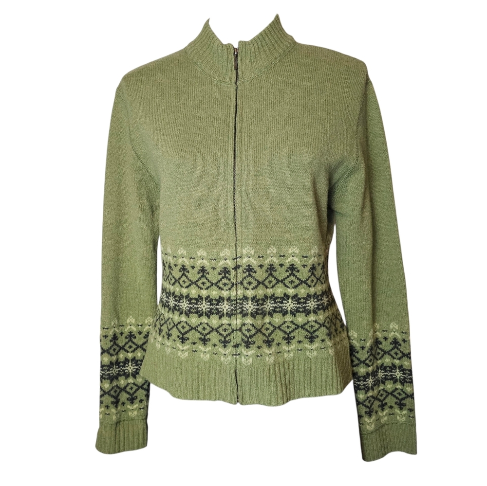 Y2K 100% Lambswool Sweater Size M Vintage Green Granola Grandma Scandi Fair Isle